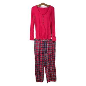 Victorias Secret 2 Piece Pajama Set Size Large Long Sleeve Top Plaid Pants Red